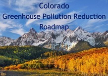 Colorado Greenhouse Pollution Reduction Roadmap text with snowy mountain peaks and autumn foliage