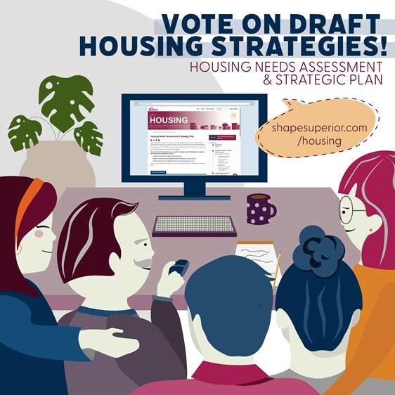 Graphic with people looking at computer and text "vote on draft housing strategies" 