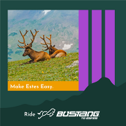 "Make Estes Easy" text with elk and mountain peaks