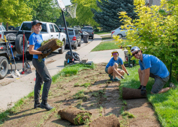 3 people working to remove turf from a front yard