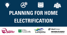 Planning for home electrification graphic on blue background