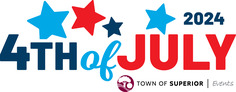 4th of July graphic logo with colorful stars and the Town's logo.