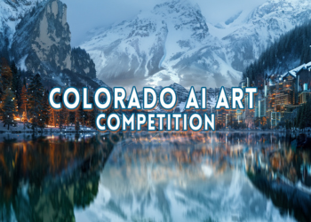 CO AI Art Competition promotional graphic. Text with mountains and lake.