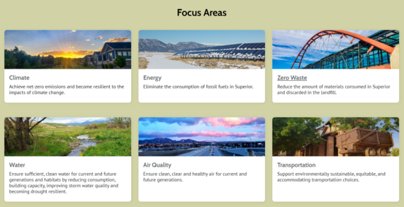 Screenshot of Sustainabilty dashboard showing categories of focus areas