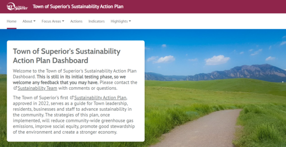 Screenshot of Town's of Superior's Sustainability Dashboard homepage