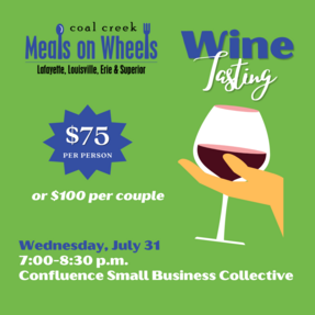 Coal Creek Meal on Wheels poster promoting wine tasting event 