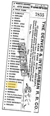This D&I ticket shows stops at Superior and Monarch, highlighted in yellow, Denver & Interurban passenger car.