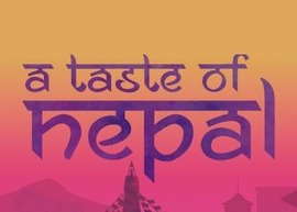 A Taste of Nepal logo with purple text on orange and pink background