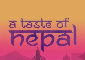 A Taste of Nepal logo with purple text on orange and pink background