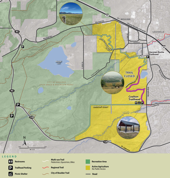 Map of Meadowlark Trail in Boulder County Open Space showing trail closure at Coalton Trailhead.