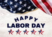 Happy Labor Day text with American Flag and patriotic stars