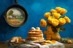 Painting of pancakes and roses on a table by Rich Saxon.