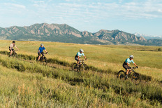 Four mountain bikers ride on the Meadowlark Trail