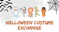 Ecotoberfest Halloween Costume Exchange promotional graphic with kids in costumes, bats, and a spiderweb.
