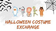 Ecotoberfest Halloween Costume Exchange promotional graphic with kids in costumes, bats, and a spiderweb.