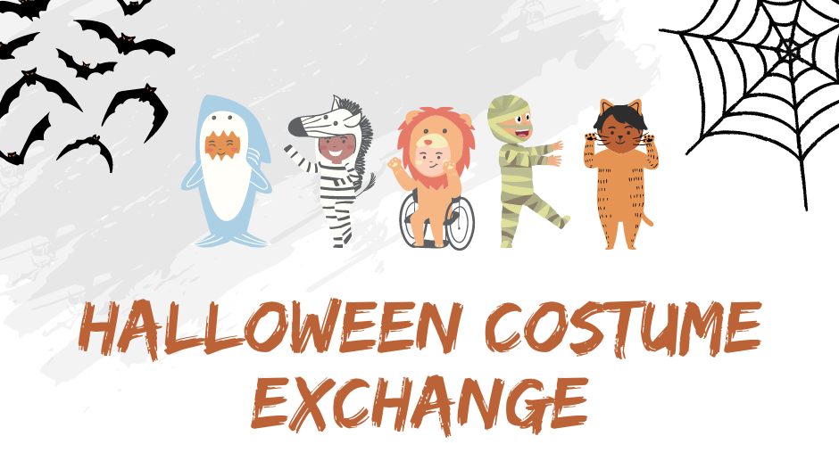 Ecotoberfest Halloween Costume Exchange promotional graphic with kids in costumes, bats, and a spiderweb.