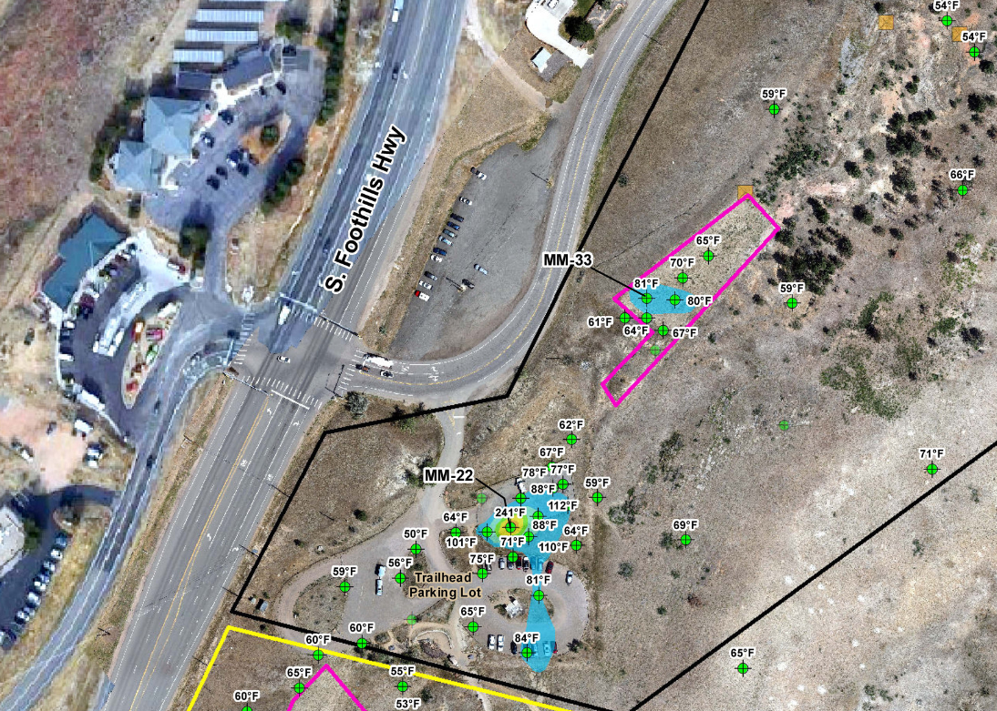 Aerial image of Marshall Mesa showing temperatures from an underground coal fire