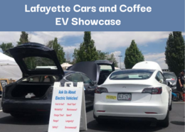 Lafayette Cars and Coffee EV Showcase promotional image. EV cars with a sign that reads. "Ask about Electric Vehicles."
