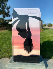 Cabinet wrap featuring photo of silhouetted kid swinging upside down at sunset
