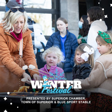 Winter Festival logo on photo of family roasting smores