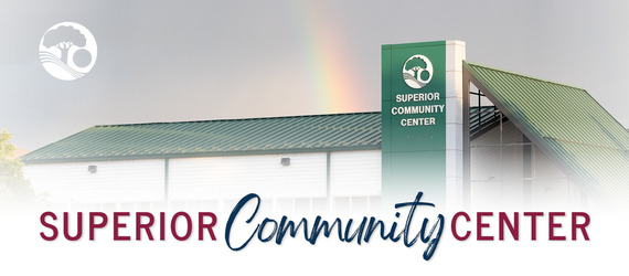 Superior Community Center Update Header featuring a rainbow and the exterior of the SCC