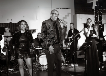 Montage trio band performing