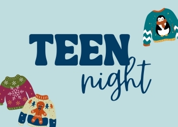 Promo for teen night featuring ugly holiday sweaters
