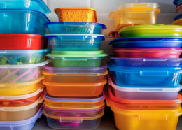 A variety of brighly colored plastic storage food containers stacked on top of each other