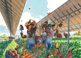 Illustration of farm animals in overalls with farm tools standing in a field with solar panels