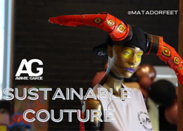 A mannequin wearing a hat with the text "sustainable couture"