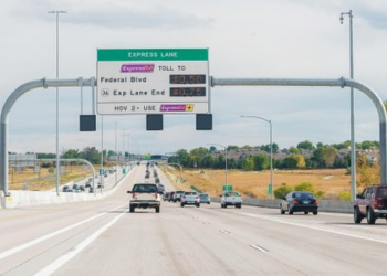 Cars on U.S. 36 with signs indicating the express lane