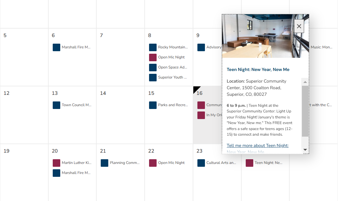 Screenshot of the Town's Calendar.