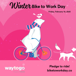 Winter Bike to Work Day February 14, 2025 featuring polar bear riding a bicycle on a pink background