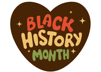 Black History Month in red, yellow, green text on brown heart