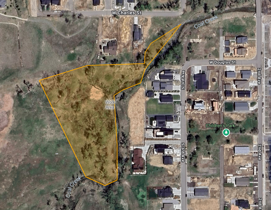 Map of hazard tree removal work area. The work area is in open space along Coal Creek between S. 3rd Ave. and W. Charles St.