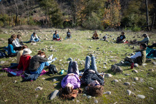 People relax in the grass during a nature and forest therapy event