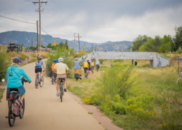 Group of people on bikes on an art tour in Boulder