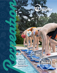 Cover of the Summer 2025 Recreation Guide depicting people diving into the pool