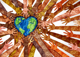 Many hands reaching out to touch the Earth