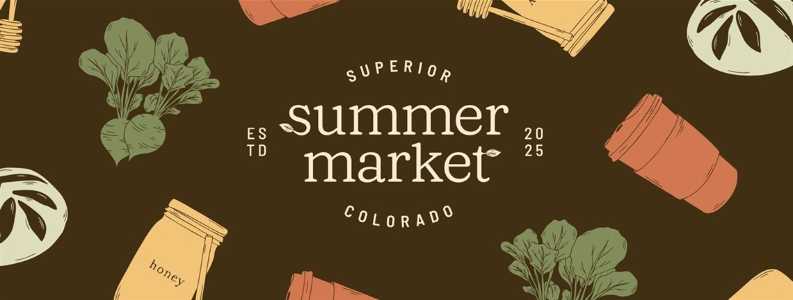 Superior Summer Market banner on brown background with graphics of bread, drinks, vegetables, and honey
