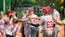 A team shakes hands after a softball game
