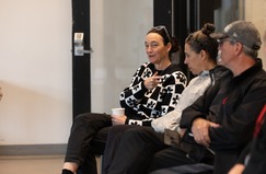 Person speaking during First Fridays Coffee.