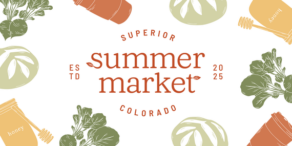 Summer market logo surrounded by radishes, honey and coffee cups.