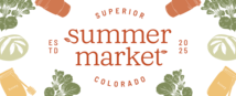 Summer market logo surrounded by radishes, honey and coffee cups.