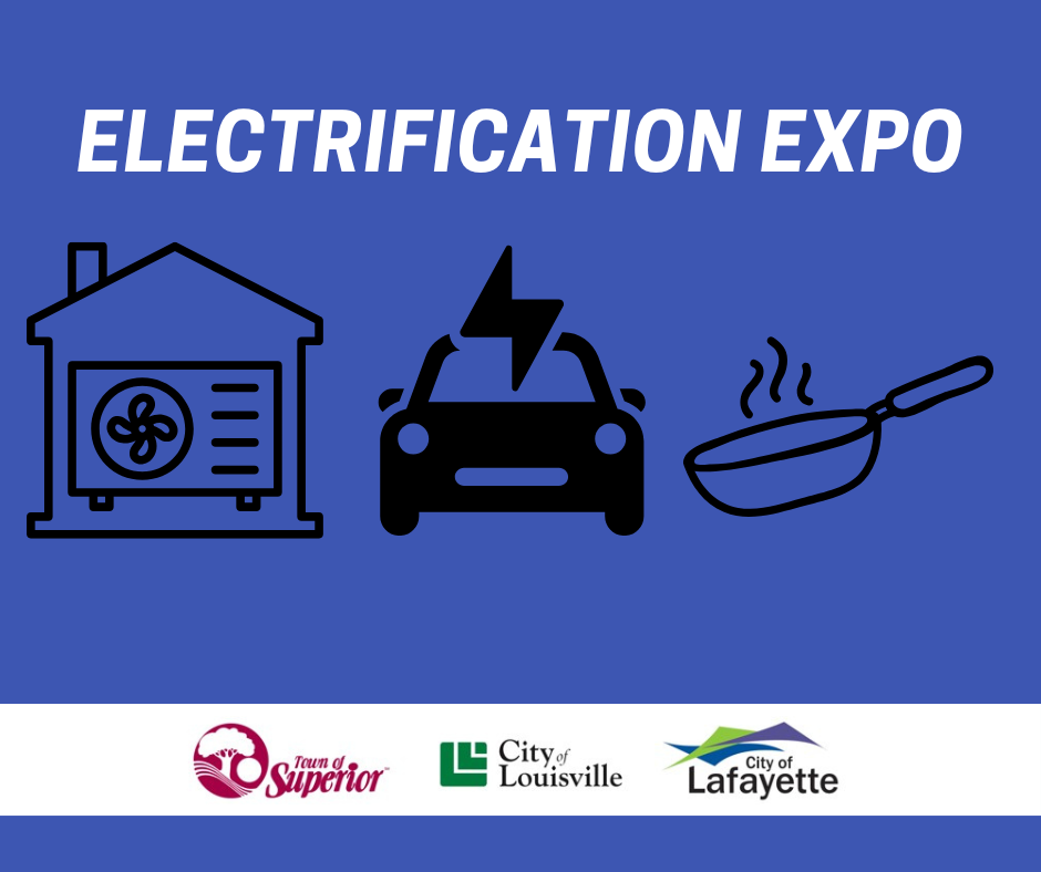 Electrification Expo graphic with icons of a house, car, pan, plus logos for the Towns of Superior, Louisville, and Lafayette.