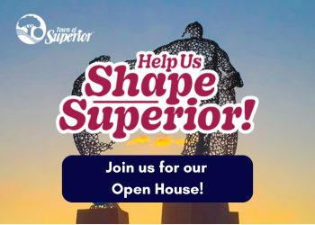 Shape Superior Comprehensive Plan Open House graphic over photo of sculpture in Superior