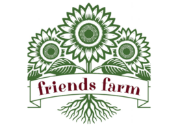 Logo for 'Friends Farm' featuring text and three sunflowers
