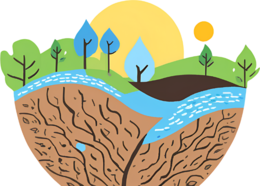 Graphic depicting stylized trees, hills, water, soil and sun.