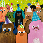 pet parade artwork made from paint, craft paper, and buttons