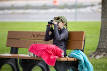 A young girl bird watches using binoculars on a bench at Purple Park